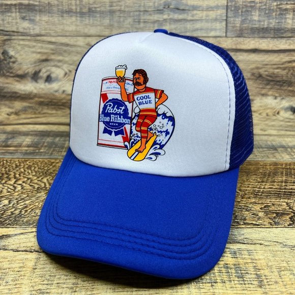 Pabst Blue Ribbon Mens Trucker Hat Blue Snapback Wakeboard Surf 70s Baseball Cap - Picture 1 of 8
